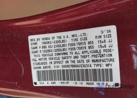 2004 Honda Cr-V Ex из США, поврежденный, VIN SHSRD78894U234314